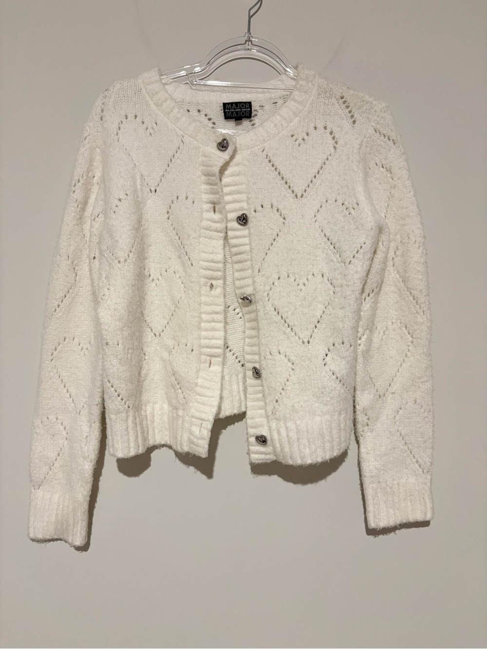 Major Label Group Pointelle Heart Stitch Button Front Cardigan White small